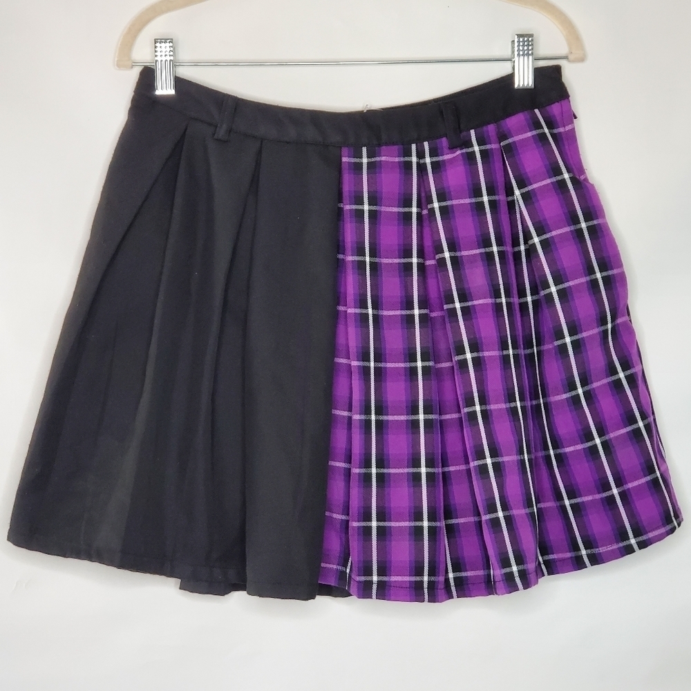 Color Blocked Pleated Skirt Large Purple Plaid Mini with Pockets Festival Bratz